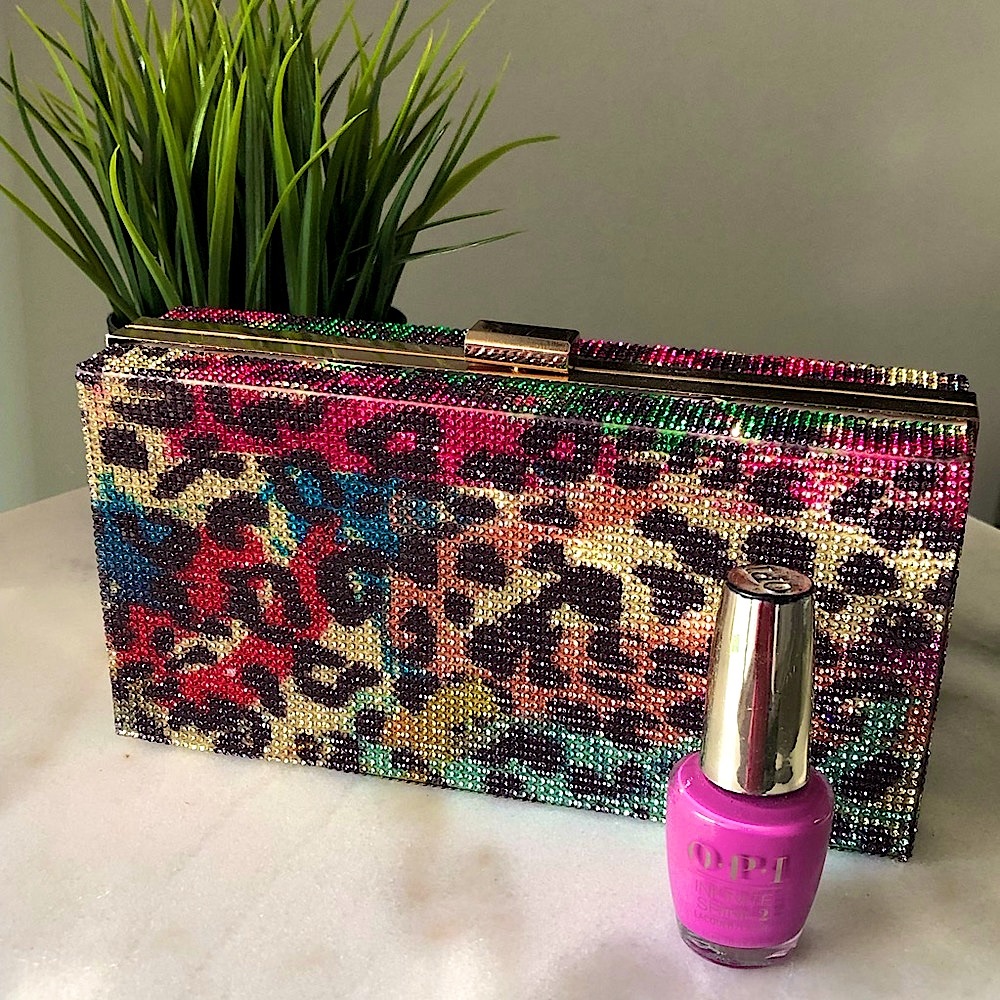 Leppard multi colored rhinestone clutch.  💗💜🤍💚❤️🧡💛
